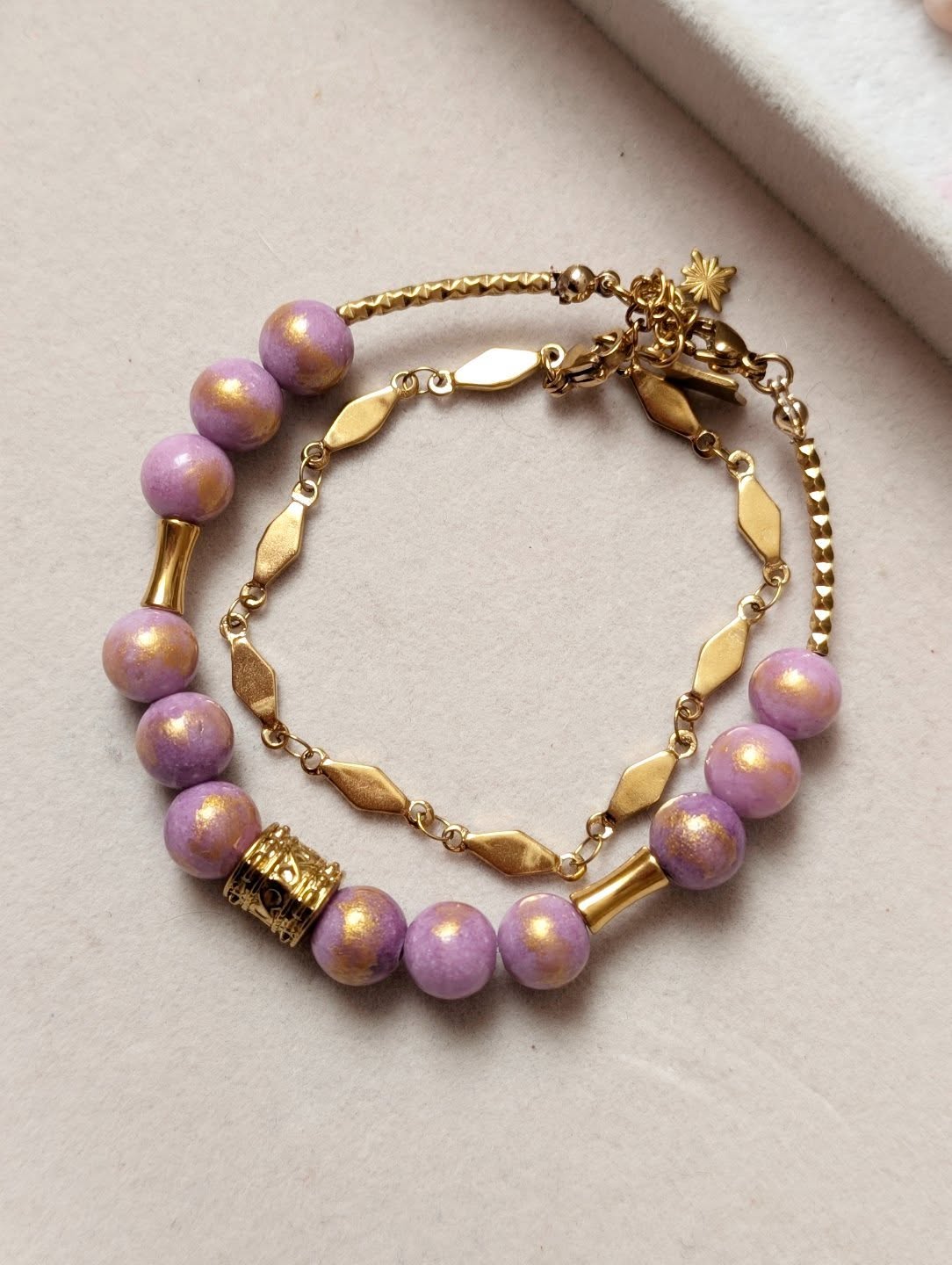 Bracelet Perles Lilas et Doré