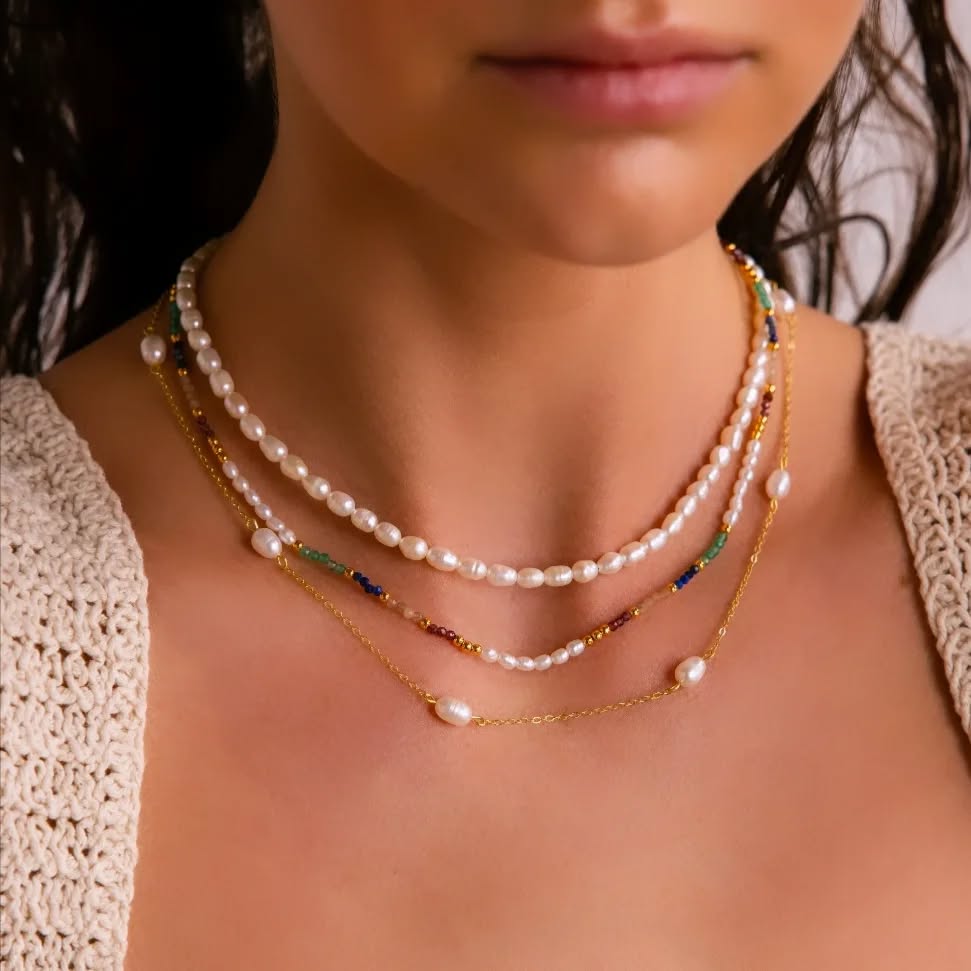 Ensemble de 3 Colliers Perles et Chaîne Dorée