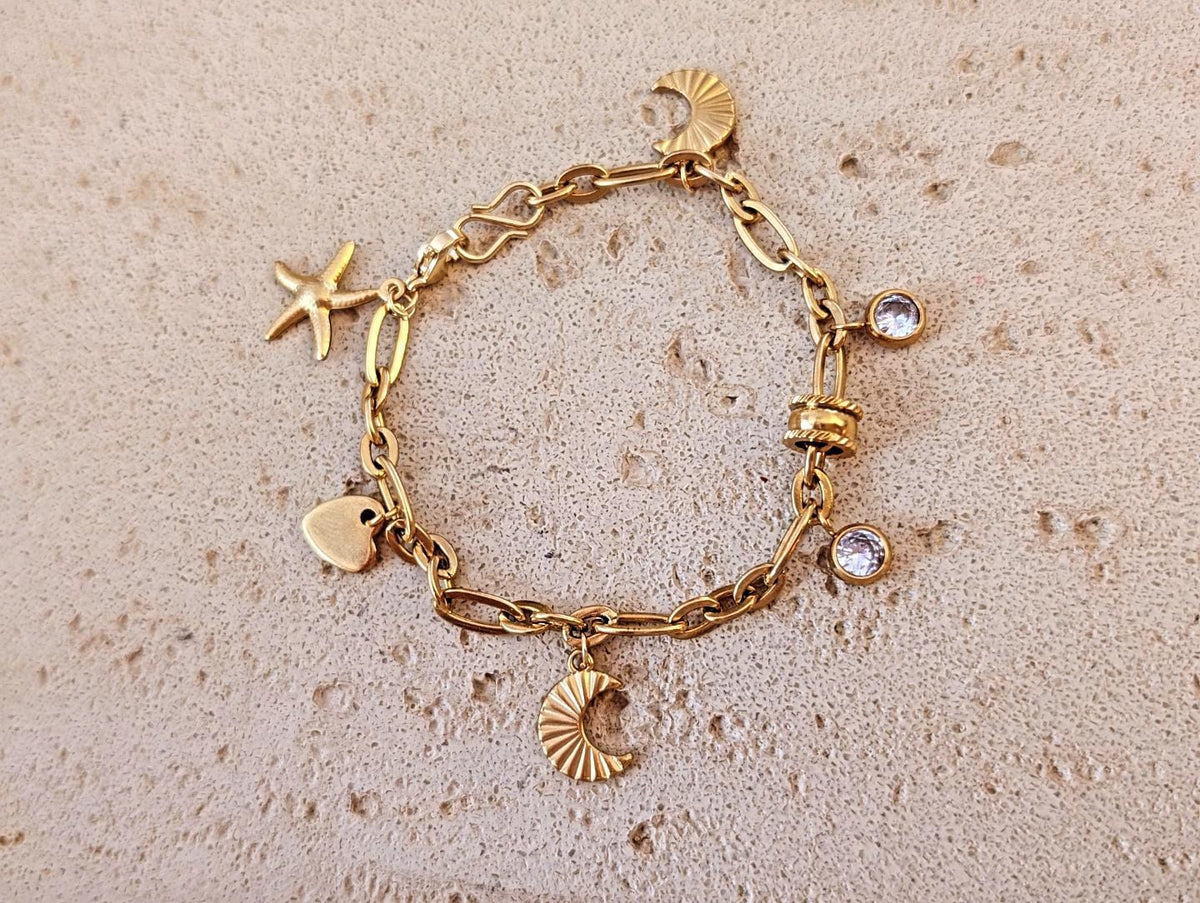 Bracelet Chaîne Breloques Étoile de Mer et Lune
