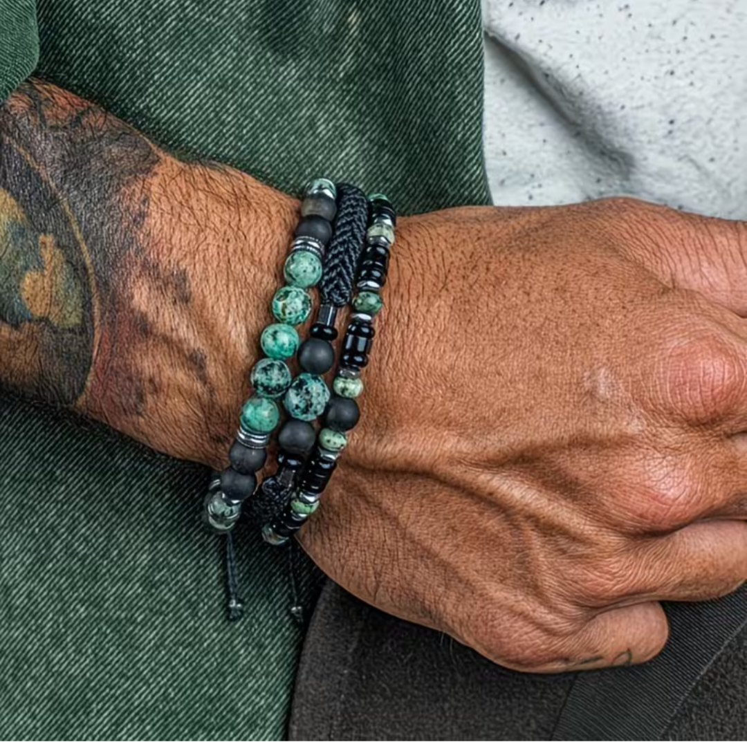 Bracelet Homme – Pierres naturelles vertes & Onyx 🖤🌿