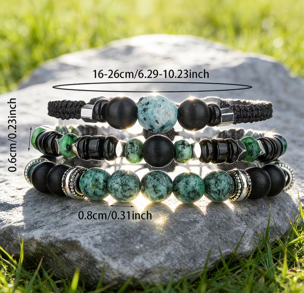 Bracelet Homme – Pierres naturelles vertes & Onyx 🖤🌿