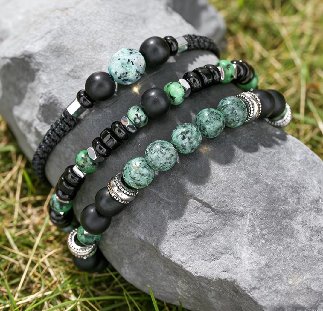 Bracelet Homme – Pierres naturelles vertes & Onyx 🖤🌿